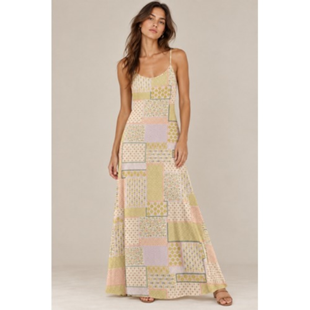 See You Monday Slip Maxi Dress Womens Small Pastel Patchwork Mesh Lined Boho